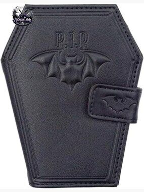 Gothic Coffin Wallet with Bat Embossed RIP, Vegan Leather, 5.5x4 Inches